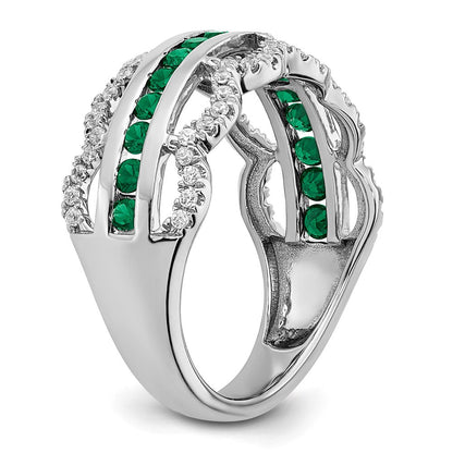 14K Weißgold Ring mit gezüchtetem Smaragd und echten Diamanten, Wellenschliff-Design