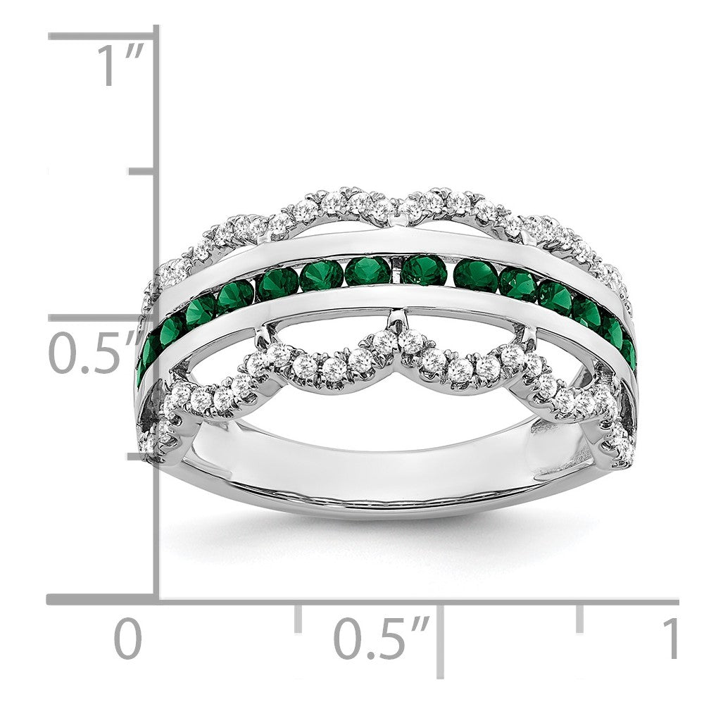 14K Weißgold Ring mit gezüchtetem Smaragd und echten Diamanten, Wellenschliff-Design