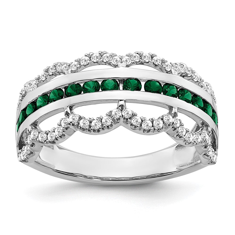 14K Weißgold Ring mit gezüchtetem Smaragd und echten Diamanten, Wellenschliff-Design