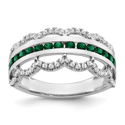 14K Weißgold Ring mit gezüchtetem Smaragd und echten Diamanten, Wellenschliff-Design