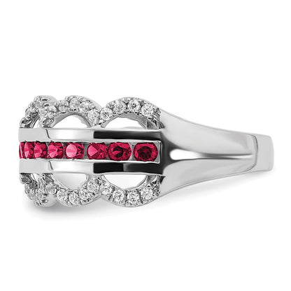 14K Weißgold Ring mit Zuchtrubin und echten Diamanten im Wellendesign