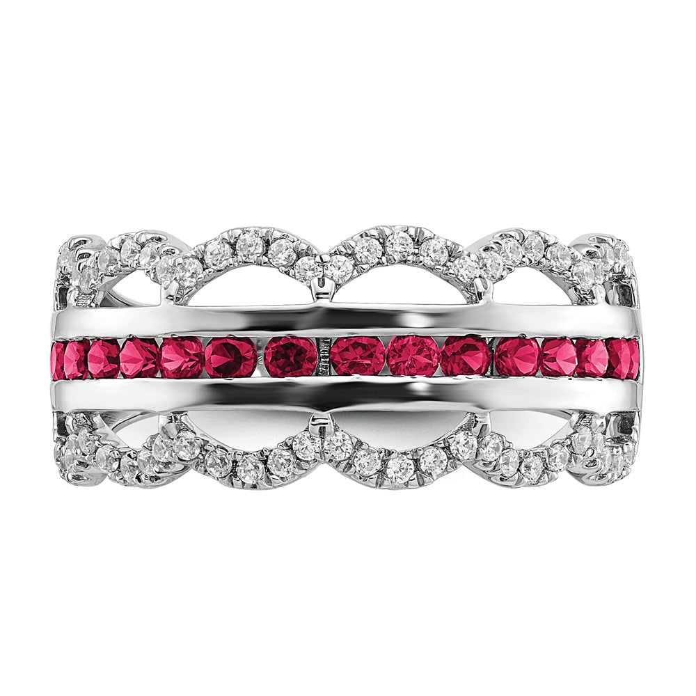 14K Weißgold Ring mit Zuchtrubin und echten Diamanten im Wellendesign