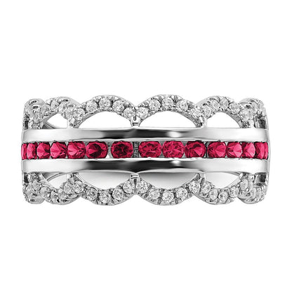 14K Weißgold Ring mit Zuchtrubin und echten Diamanten im Wellendesign