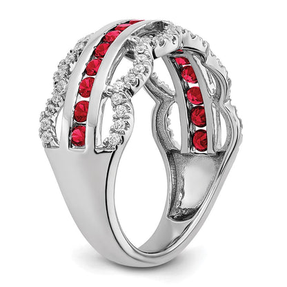 14K Weißgold Ring mit Zuchtrubin und echten Diamanten im Wellendesign