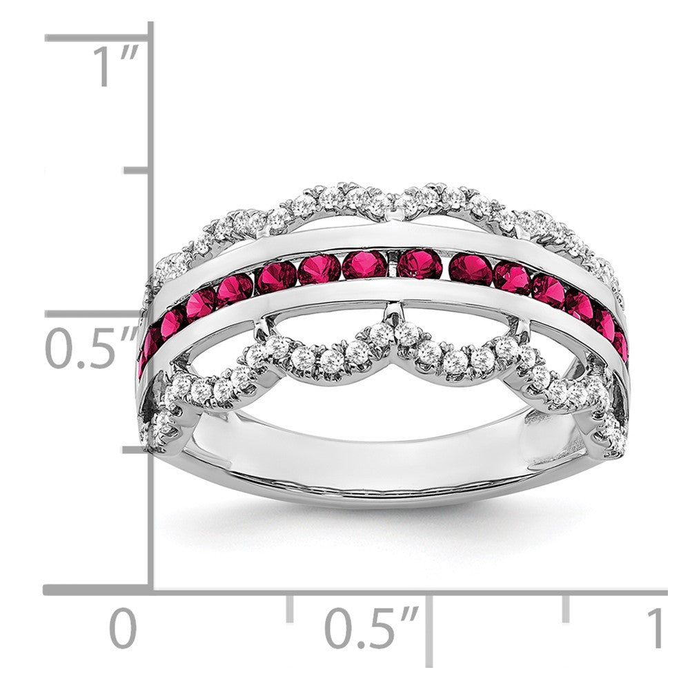 14K Weißgold Ring mit Zuchtrubin und echten Diamanten im Wellendesign