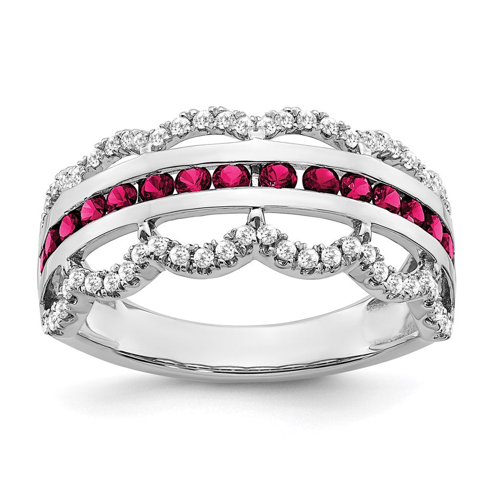 14K Weißgold Ring mit Zuchtrubin und echten Diamanten im Wellendesign