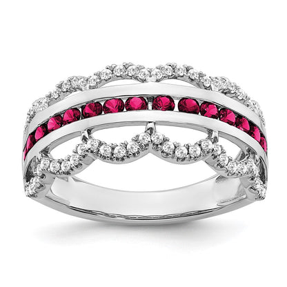 14K Weißgold Ring mit Zuchtrubin und echten Diamanten im Wellendesign