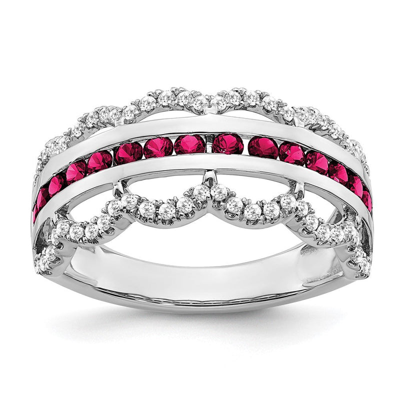 14K Weißgold Ring mit Zuchtrubin und echten Diamanten im Wellendesign