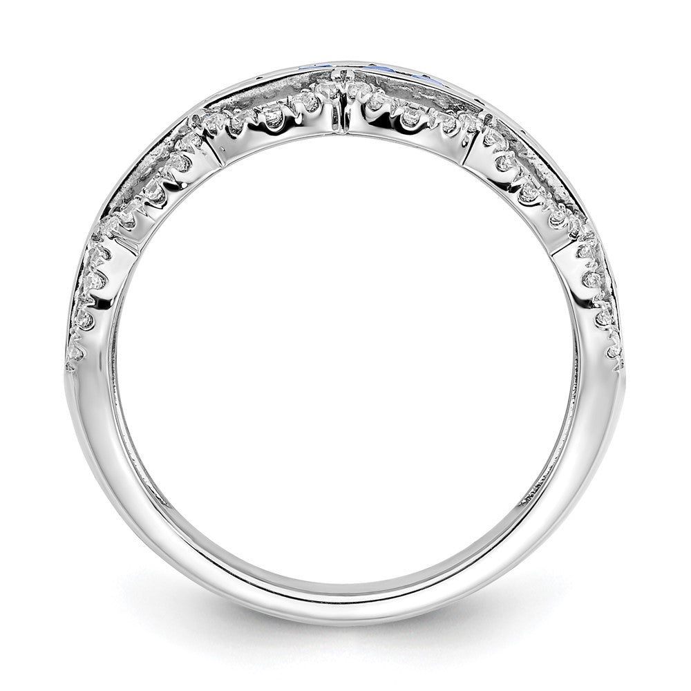 14K Weißgold Ring mit synthetischem Saphir und echten Diamanten, Muschelmuster