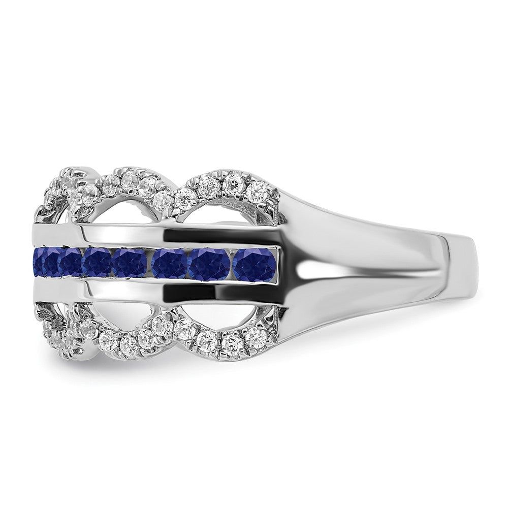 14K Weißgold Ring mit synthetischem Saphir und echten Diamanten, Muschelmuster
