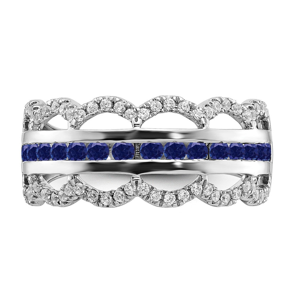 14K Weißgold Ring mit synthetischem Saphir und echten Diamanten, Muschelmuster