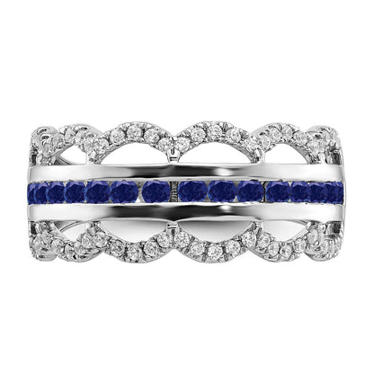 14K Weißgold Ring mit synthetischem Saphir und echten Diamanten, Muschelmuster