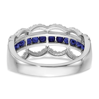 14K Weißgold Ring mit synthetischem Saphir und echten Diamanten, Muschelmuster