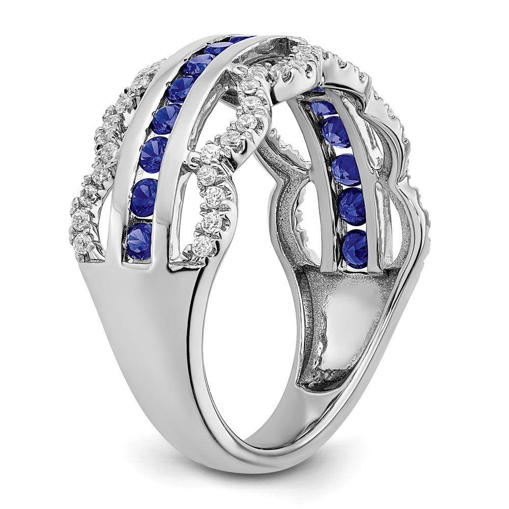 14K Weißgold Ring mit synthetischem Saphir und echten Diamanten, Muschelmuster