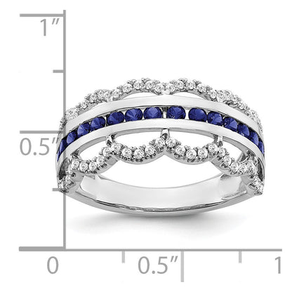 14K Weißgold Ring mit synthetischem Saphir und echten Diamanten, Muschelmuster