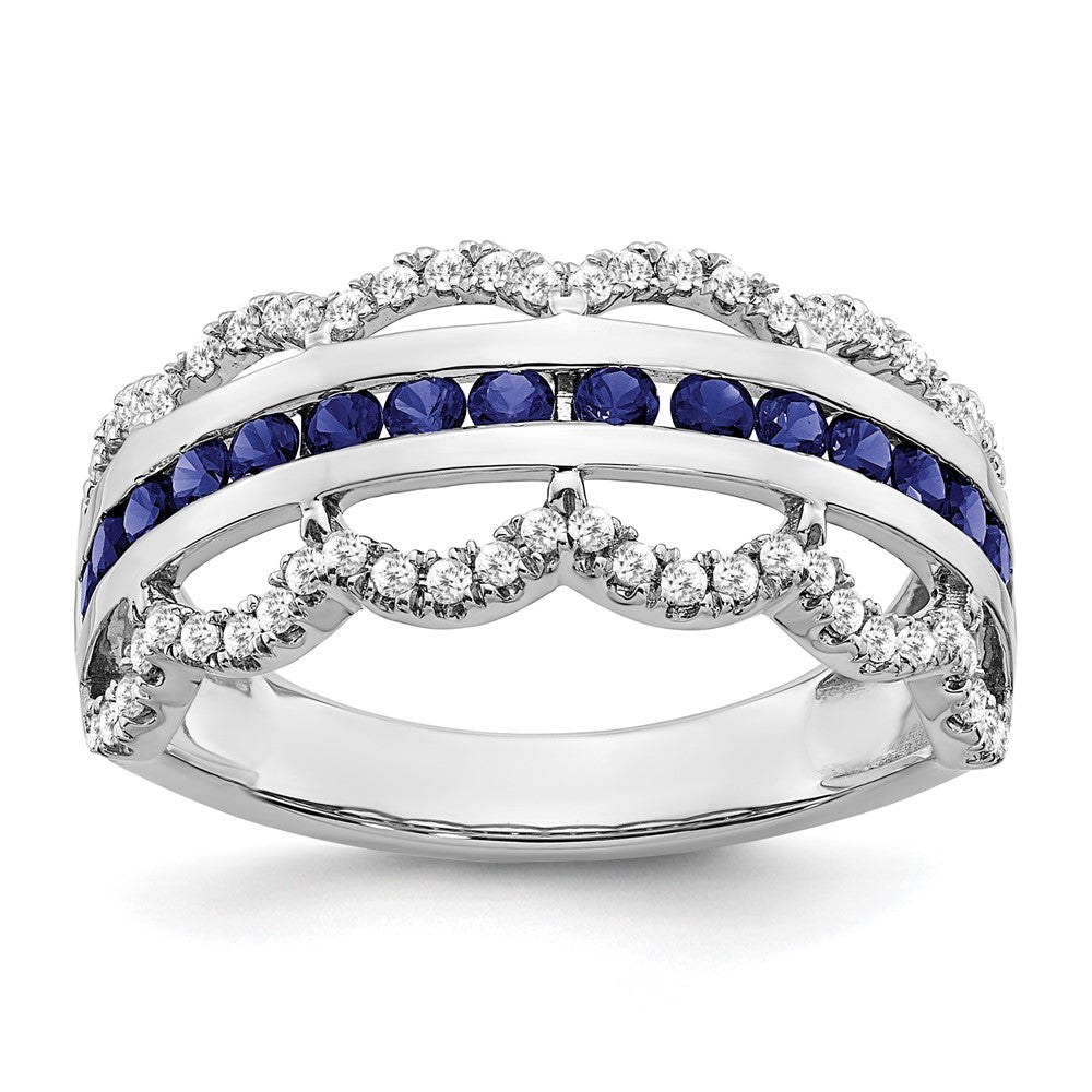 14K Weißgold Ring mit synthetischem Saphir und echten Diamanten, Muschelmuster