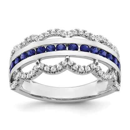 14K Weißgold Ring mit synthetischem Saphir und echten Diamanten, Muschelmuster