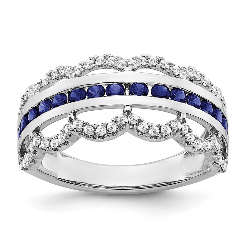 14K Weißgold Ring mit synthetischem Saphir und echten Diamanten, Muschelmuster