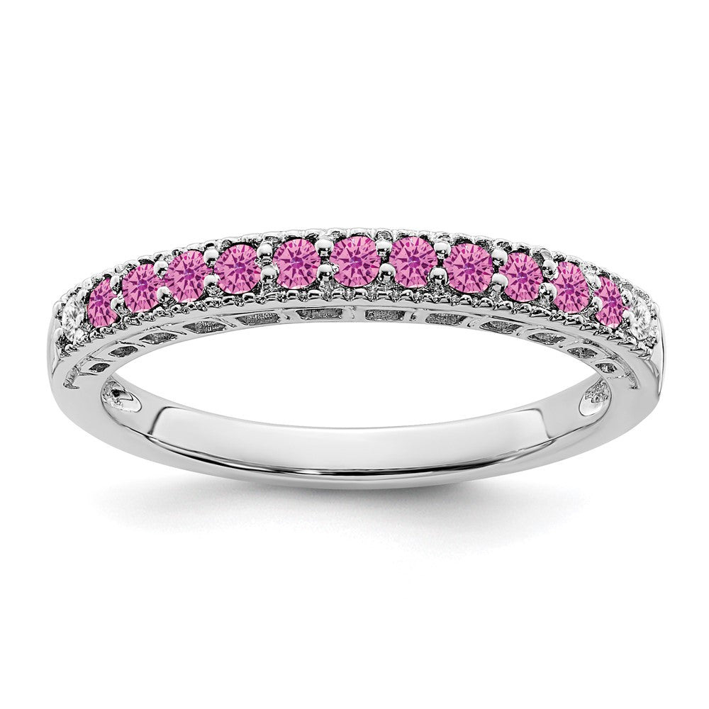 14K Weißgold Ring mit gezüchtetem pinkem Saphir und echten Diamanten
