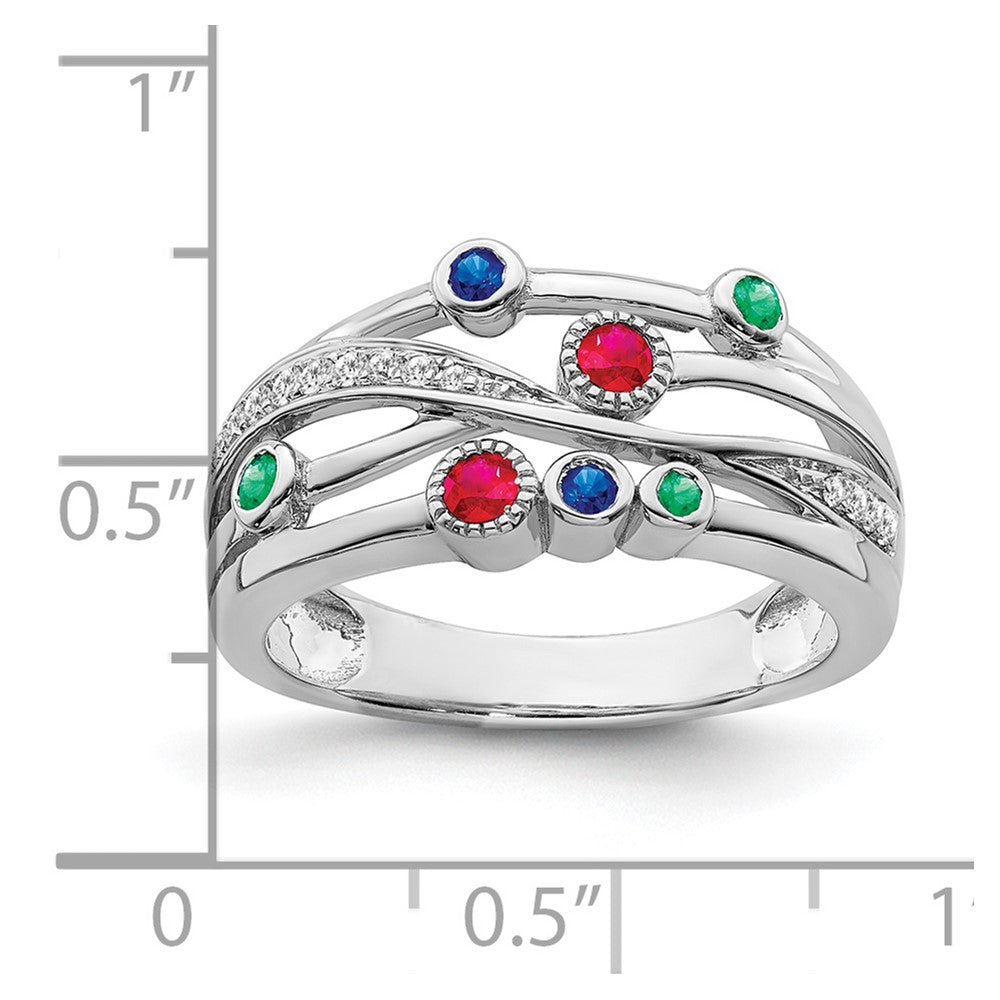 14K Weißgold Ring mit Rubin, Saphir, Smaragd und Diamant