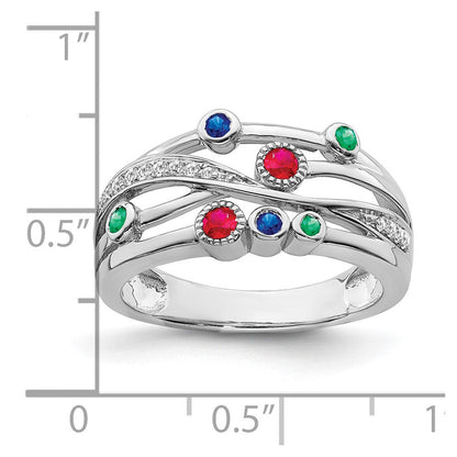 14K Weißgold Ring mit Rubin, Saphir, Smaragd und Diamant