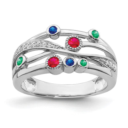 14K Weißgold Ring mit Rubin, Saphir, Smaragd und Diamant