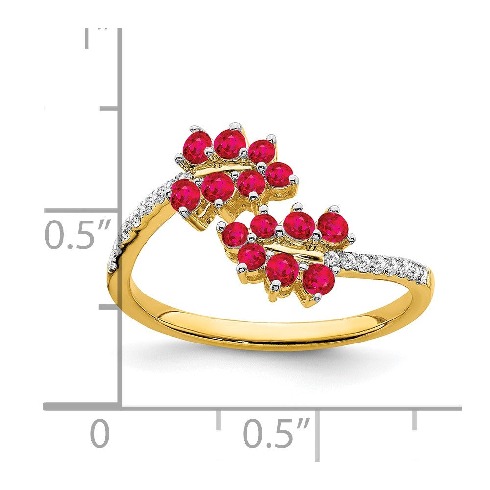 14K Gelbgold Ring mit Rubin, echten Diamanten und Blätter-Überkreuz-Design