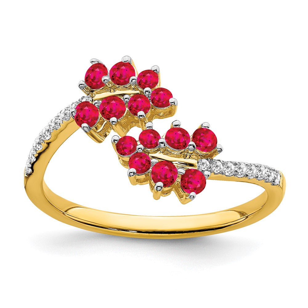 14K Gelbgold Ring mit Rubin, echten Diamanten und Blätter-Überkreuz-Design