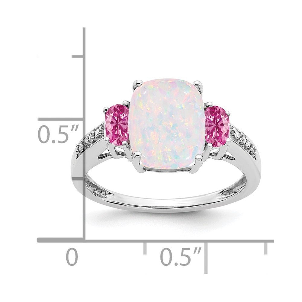 14K Weißgold Ring mit synthetischem Opal, synthetischem Pinksaphir und Diamant