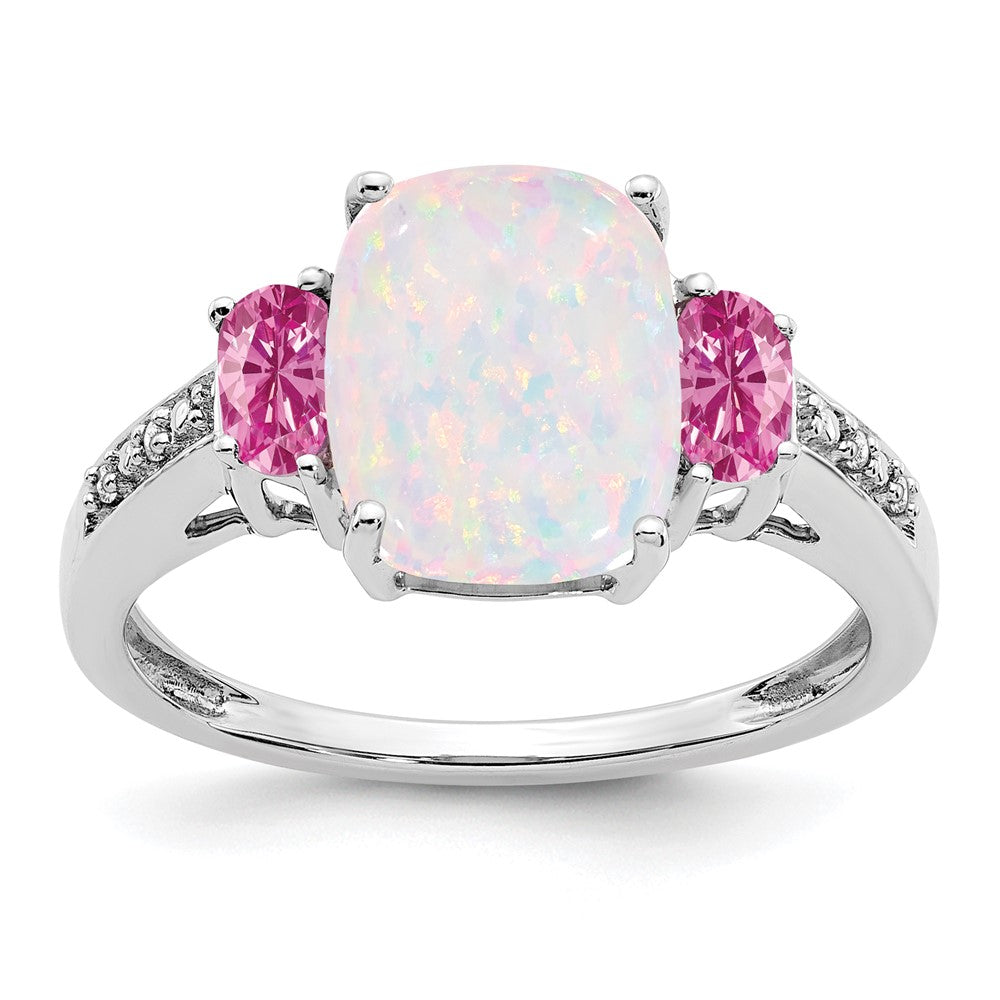 14K Weißgold Ring mit synthetischem Opal, synthetischem Pinksaphir und Diamant