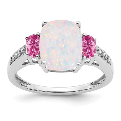 14K Weißgold Ring mit synthetischem Opal, synthetischem Pinksaphir und Diamant