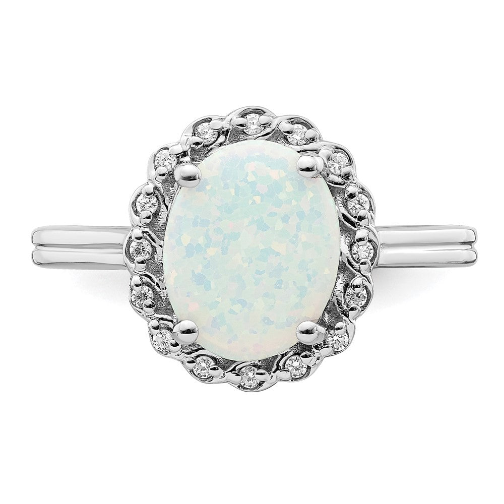 14K Weißgold Ring mit Halo-Fassung, synthetischem Opal und echten Diamanten