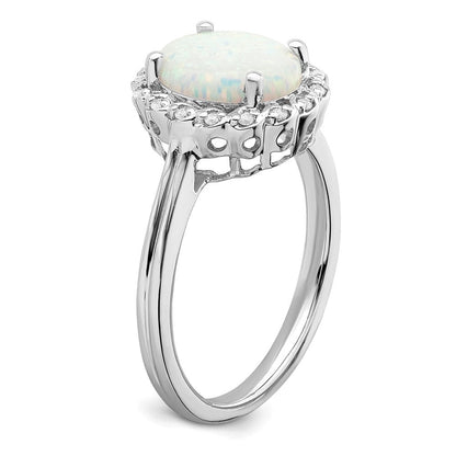 14K Weißgold Ring mit Halo-Fassung, synthetischem Opal und echten Diamanten