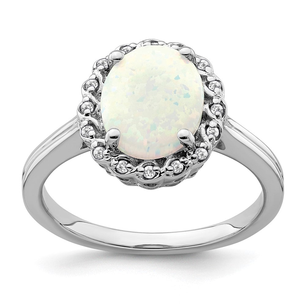14K Weißgold Ring mit Halo-Fassung, synthetischem Opal und echten Diamanten