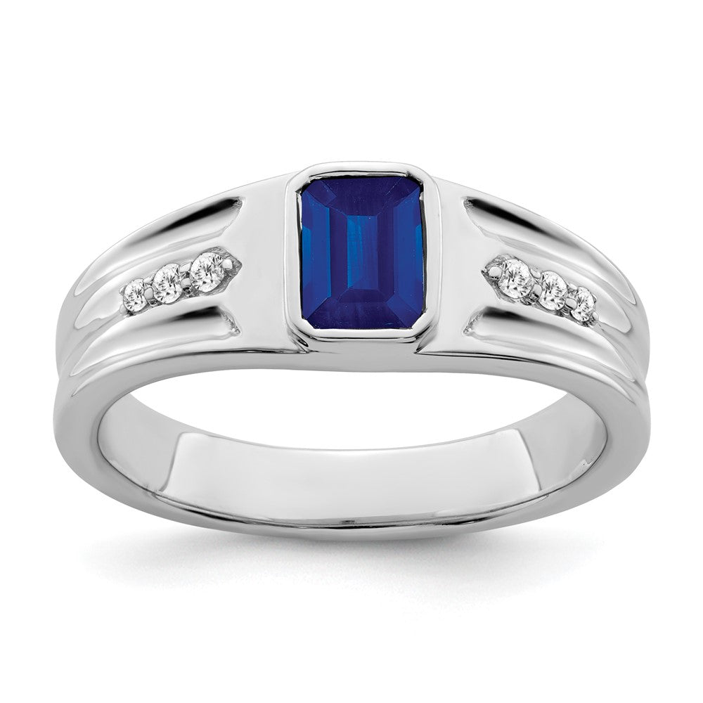 14K Weißgold Ring mit Saphir und echten Diamanten für Herren