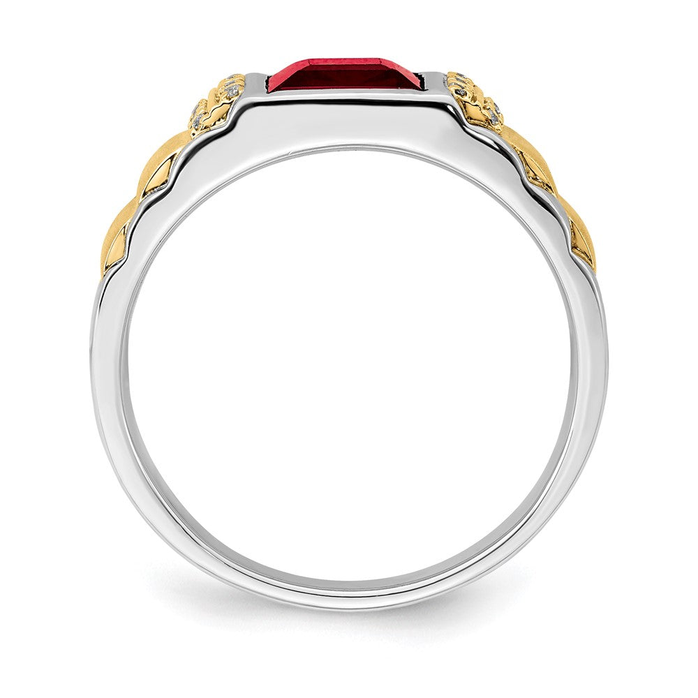 14K Bicolor Gold Herrenring mit synthetischem Rubin und echtem Diamant