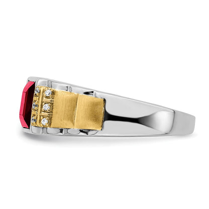 14K Bicolor Gold Herrenring mit synthetischem Rubin und echtem Diamant