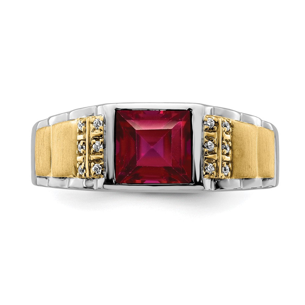 14K Bicolor Gold Herrenring mit synthetischem Rubin und echtem Diamant