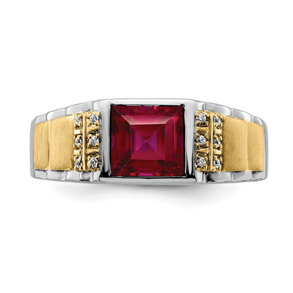 14K Bicolor Gold Herrenring mit synthetischem Rubin und echtem Diamant