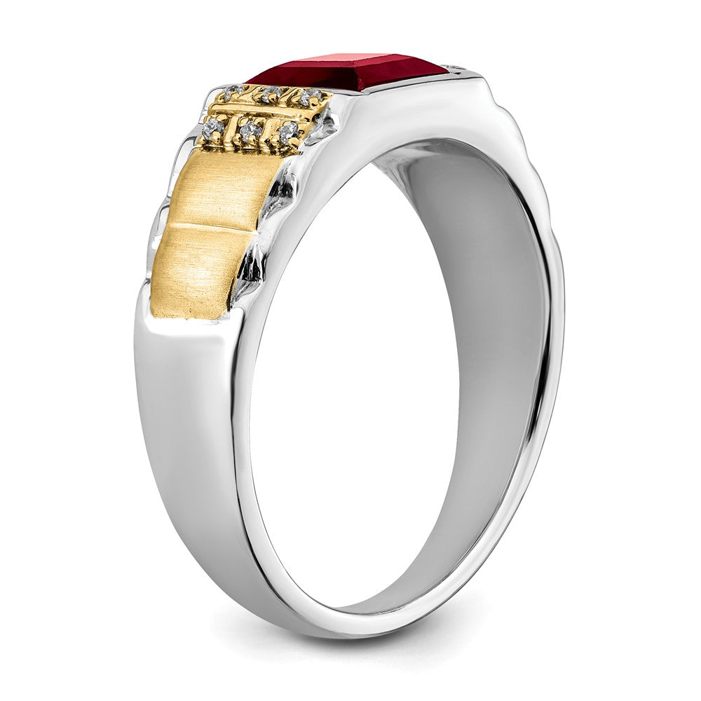 14K Bicolor Gold Herrenring mit synthetischem Rubin und echtem Diamant