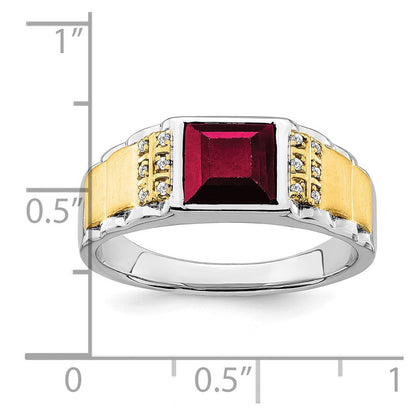 14K Bicolor Gold Herrenring mit synthetischem Rubin und echtem Diamant