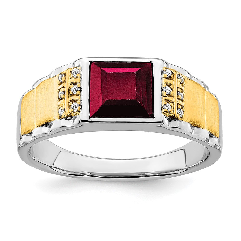 14K Bicolor Gold Herrenring mit synthetischem Rubin und echtem Diamant