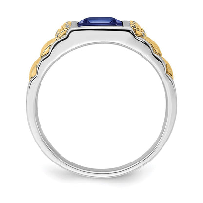 14K Bicolor-Gold Herrenring mit synthetischem Saphir und echtem Diamant