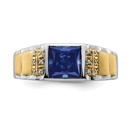14K Bicolor-Gold Herrenring mit synthetischem Saphir und echtem Diamant