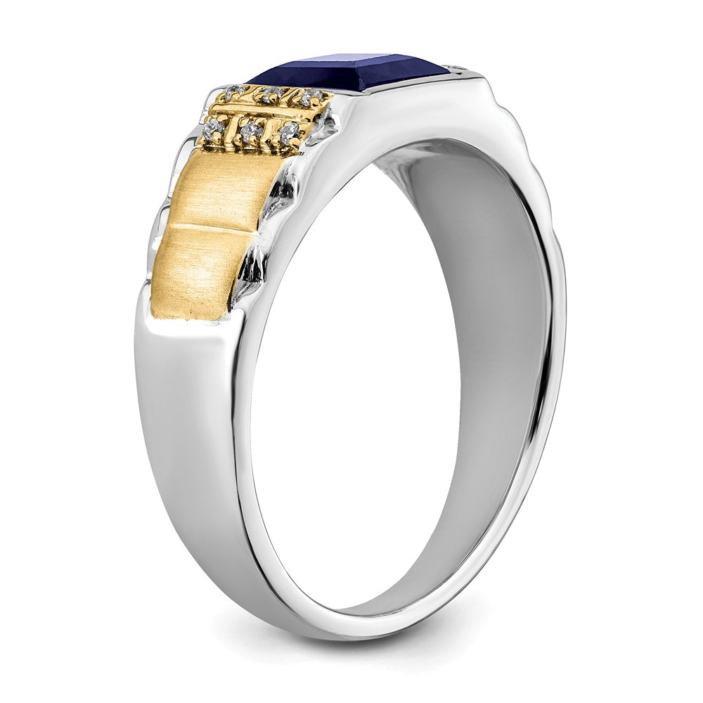 14K Bicolor-Gold Herrenring mit synthetischem Saphir und echtem Diamant