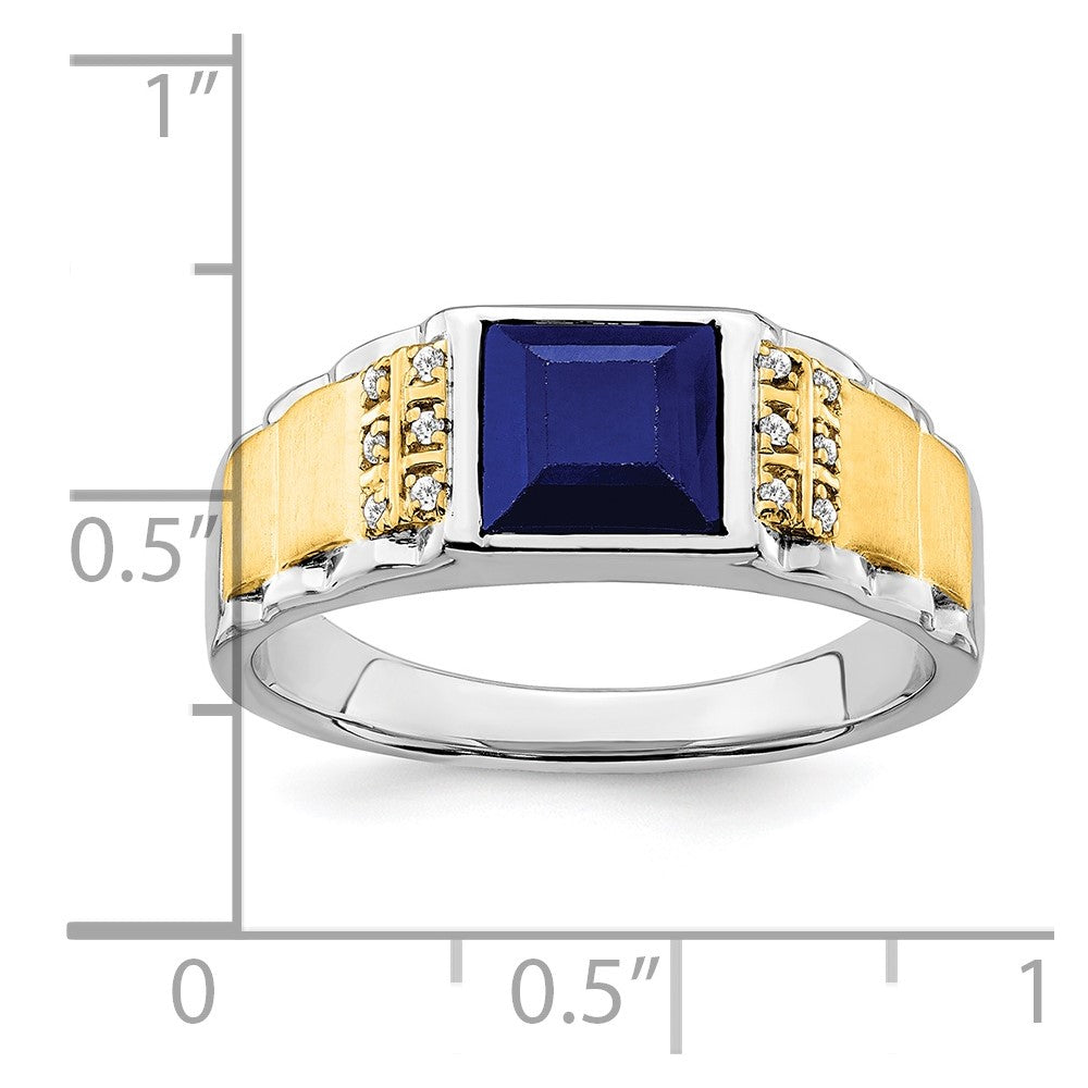 14K Bicolor-Gold Herrenring mit synthetischem Saphir und echtem Diamant