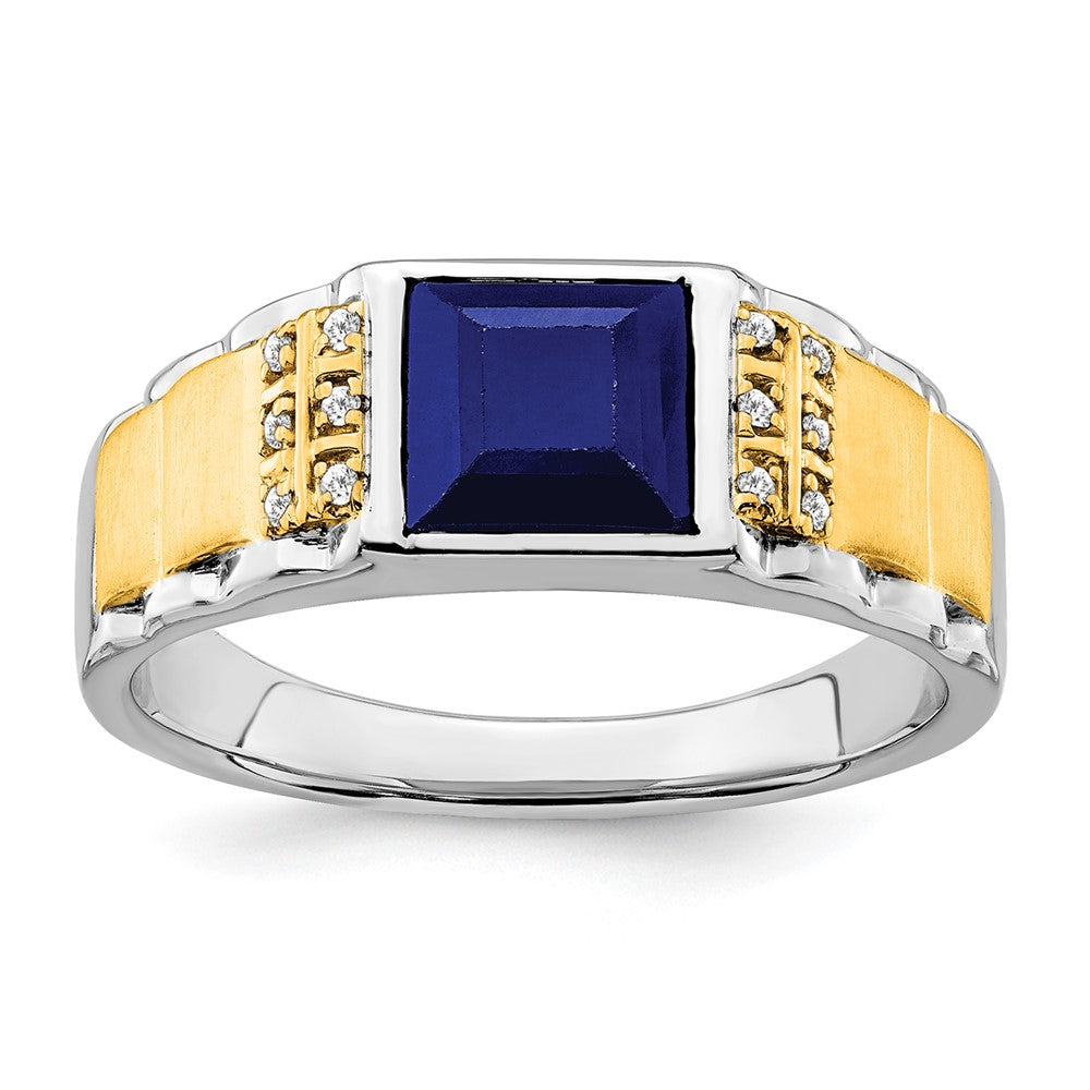 14K Bicolor-Gold Herrenring mit synthetischem Saphir und echtem Diamant