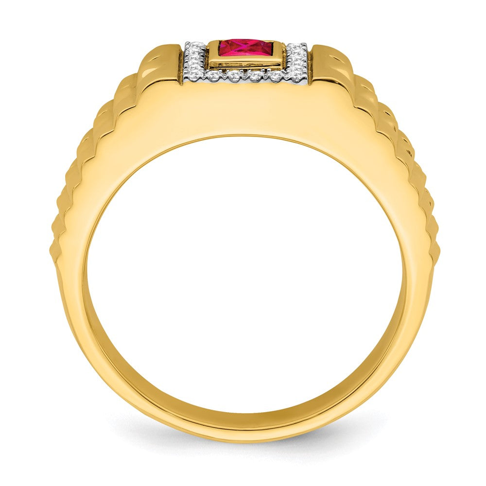 14K Gelbgold Herrenring mit quadratischem Rubin und echten Diamanten