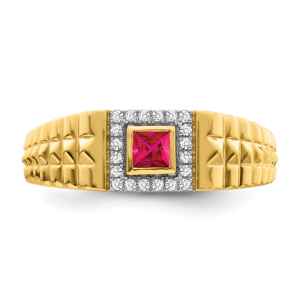 14K Gelbgold Herrenring mit quadratischem Rubin und echten Diamanten