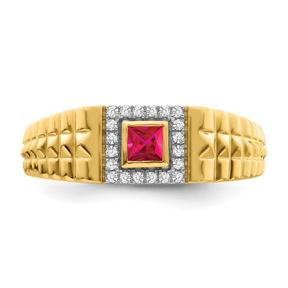 14K Gelbgold Herrenring mit quadratischem Rubin und echten Diamanten